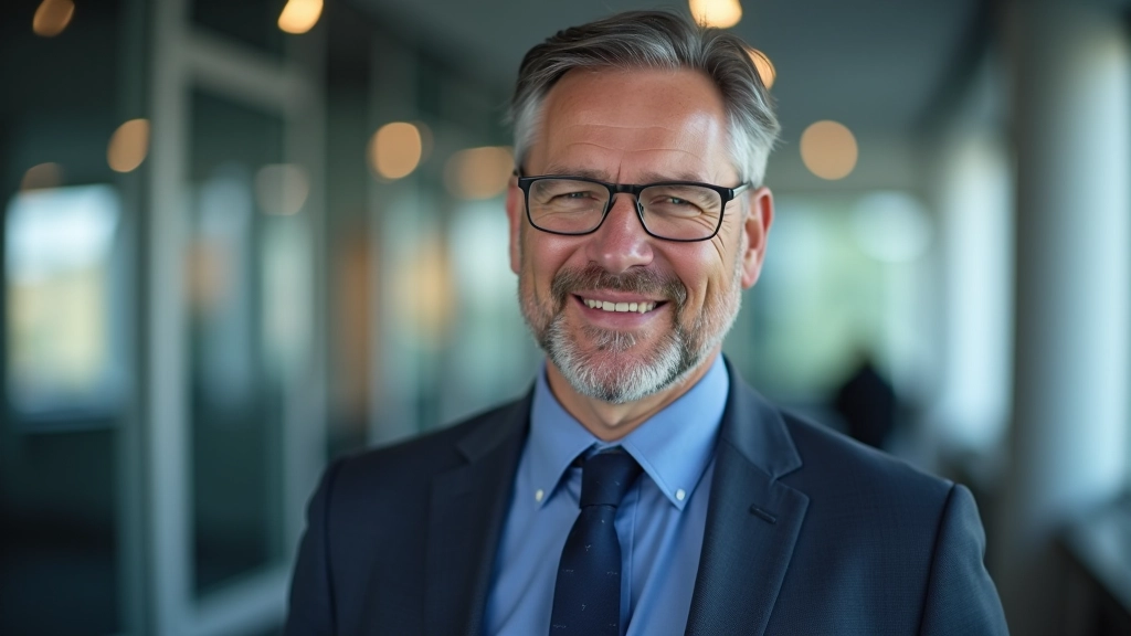 Strateg digitální transformace, portrét z hrudi nahoru, věk 50 let, sebevědomý postoj, moderní kancelář, profesionální osvětlení