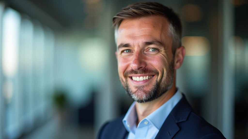 Konzultant MSP, portrét z hrudi nahoru, věk 42 let, vlídný výraz, kancelářské prostředí, ostré zaostření